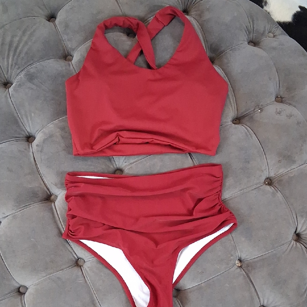 High-Waist Red Bikini Set with Cross-Back Top